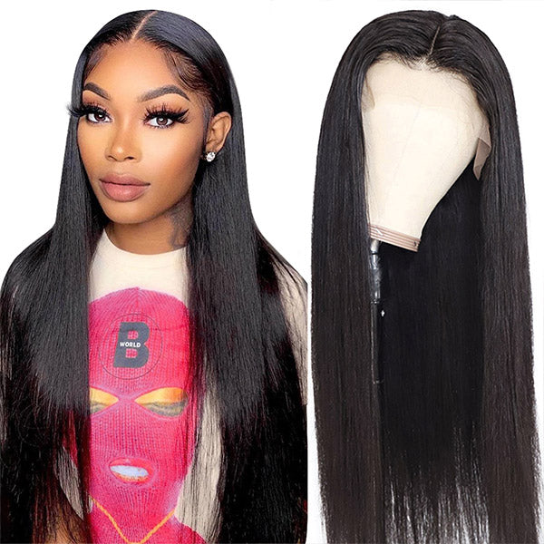 Straight Human Hair Wigs Transparent T Part Lace Wig 13X1 Middle Part ...