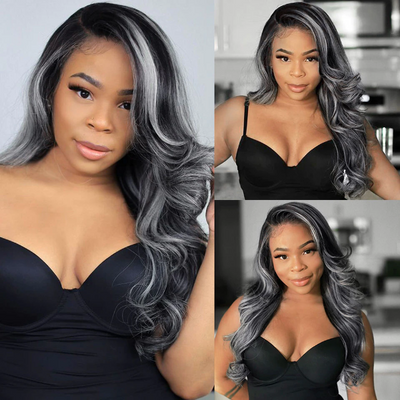 Gray Highlight HD Lace Wig Platinum Colored 13x4 Lace Front Wig Body Wave Human Hair Wigs Pre-Plucked For Women