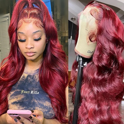 200% Density 40" 4x4 HD Lace Closure Wig Burgundy Body Wave Lace Closure Wig Human Hair Wigs Brazilian 99J Colored Wig