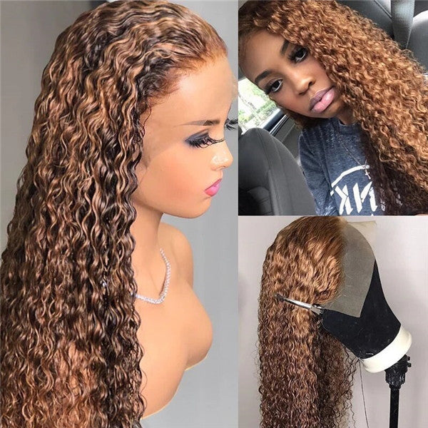 30 32 Inch P4/27 Honey Blonde Water Wave Wig Highlight HD Lace Wig Human Hair 4X4 Lace Closure Wigs 