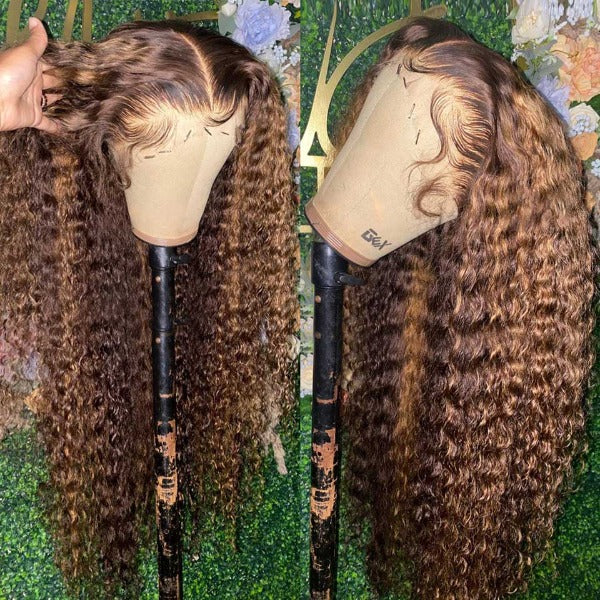 Highlight P4/27 Kinky Curly Lace Front Human Hair Wigs Honey Blonde Deep Curly Pre-Plucked Wigs 200% Density Colored Wig