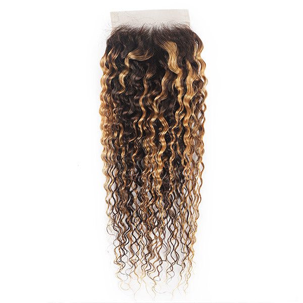 Honey Blonde Highlight Curly Hair 3 Bundles With Closure Ombre Brown Color Malaysian Human Hair
