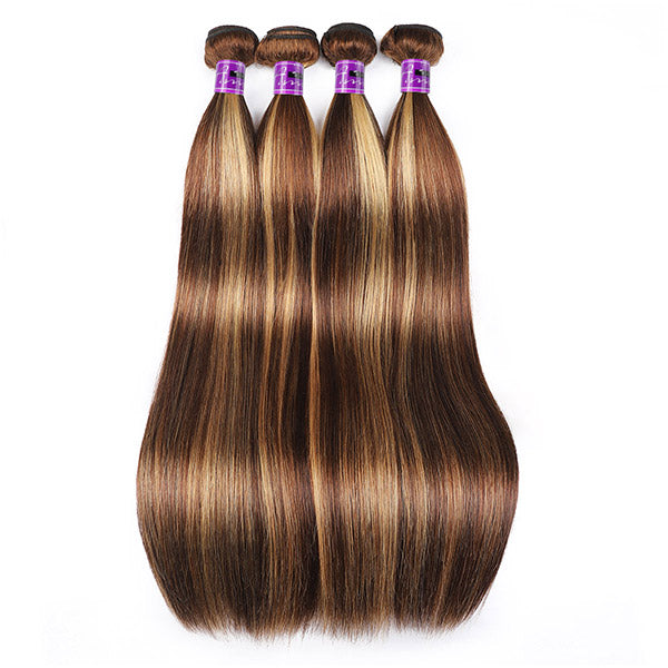 Honey Blonde Highlight Straight Human Hair 4 Bundles With Closure Ombre Brown Color Remy Hair
