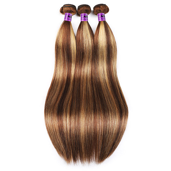 Honey Blonde Straight Human Hair Bundles Peruvian Straight Bundles With Closure Highlight Brown Colored Hair