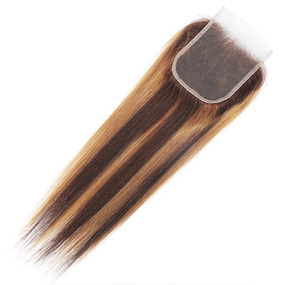 Honey Blonde Highlight Straight Human Hair 4 Bundles With Closure Ombre Brown Color Remy Hair