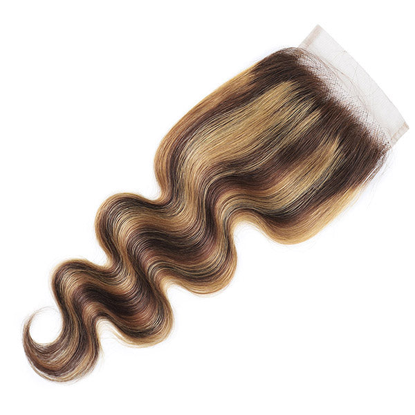 Honey Blonde Highlights Indian Human Hair Body Wave 3 Bundles With Closure