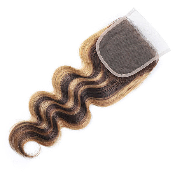 P4/27 Highlight Body Wave Bundles With Closure Ombre Brown Malaysian Human Hair
