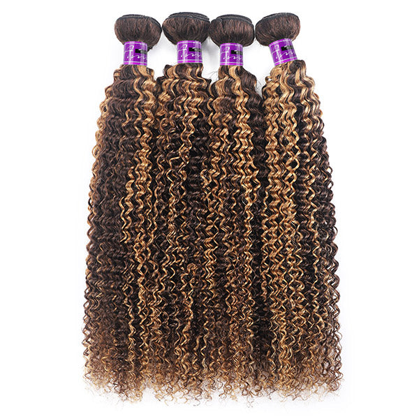 Ombre Curly Hair Bundles Highlight Colored Kinky Curly Human Hair 4 Bundles With Closure