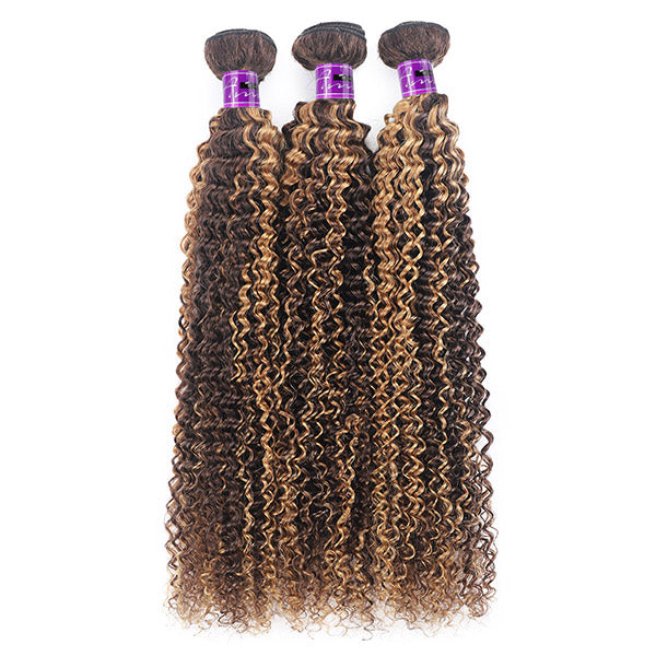 Highlight Brown Color Curly Hair Bundles Indian Human Hair Deep Curly 3Bundles With Closure
