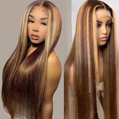 200 Density Honey Blonde Highlights Wig P4/27 Straight 4x4 Closure Wig 30 Inch  HD Lace Wigs Human Hair Wig With Baby Hair