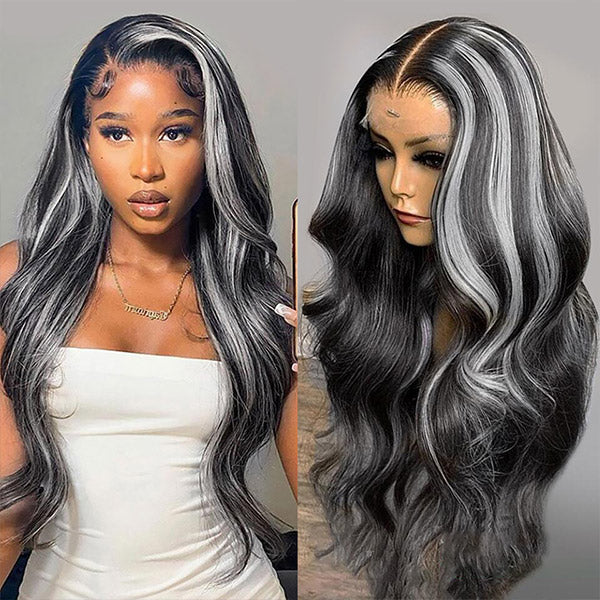 Gray Highlight HD Lace Wig Platinum Colored 13x4 Lace Front Wig Body Wave Human Hair Wigs Pre-Plucked For Women