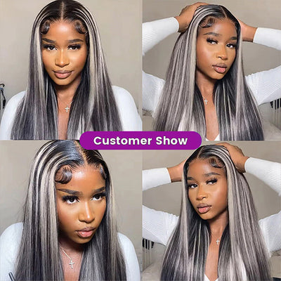 Platinum Blonde Highlight Gray With Black Colored Wigs Straight 13x4 HD Lace Front Wig Human Hair Wigs With Grey Highlights