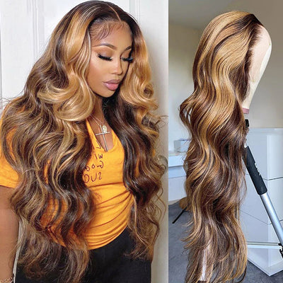 Honey Blonde Body Wave Highlights Hair T Lace Part Wigs 4/27 Ombre Colored Wigs