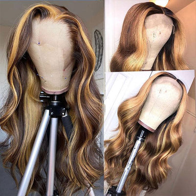 HD Lace Honey Blonde Highlight Wig 13x4 Full Lace Front Wig Body Wave Human Hair Wigs Ombre Brown Colored 30 32 inch