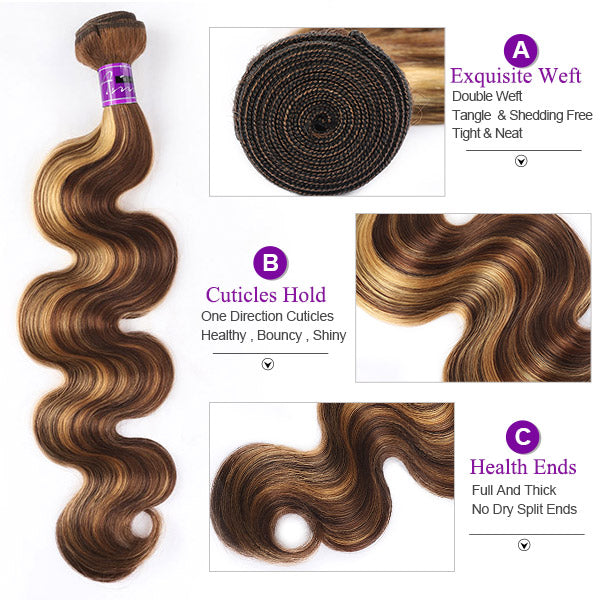3 Bundles Highlight 4/27 Body Wave Human Hair Malaysian Remy Hair Extensions