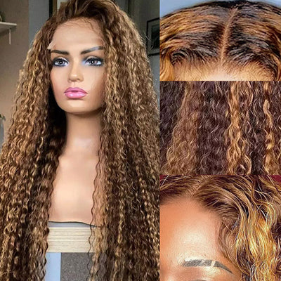 P4/27 Highlight Kinky Curly 4x4 Lace Closure Human Hair Wigs Brazilian Remy Ombre Blonde Wig Pre Plucked With Baby Hair 200 Density