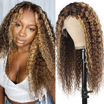 Blonde Highlight Curly Wig 5x5 Transparent Lace Closure Wig Virgin Human Hair