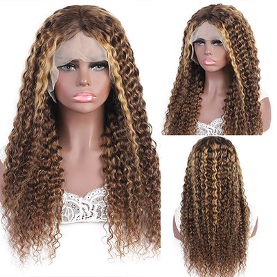Highlight P4/27 Kinky Curly Lace Front Human Hair Wigs Honey Blonde Deep Curly Pre-Plucked Wigs 200% Density Colored Wig