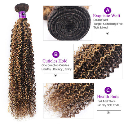 Ombre Curly Hair Bundles Highlight Colored Kinky Curly Human Hair 4 Bundles With Closure
