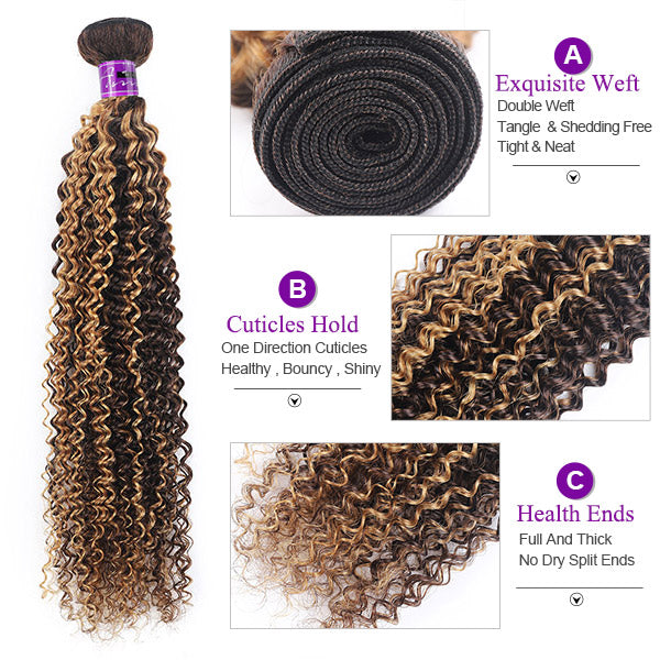 Highlight Brown Color Curly Hair Bundles Indian Human Hair Deep Curly 3Bundles With Closure
