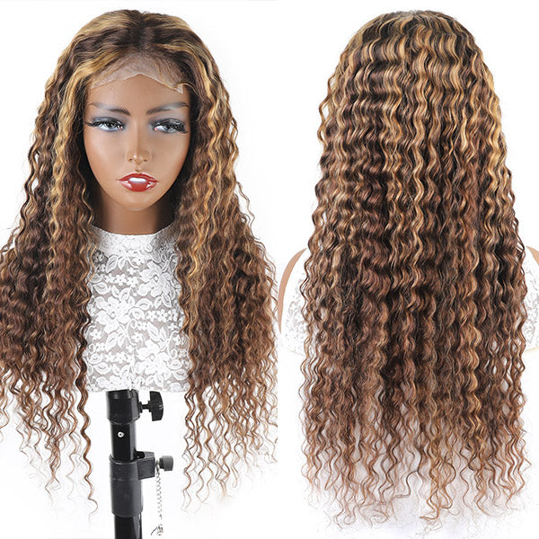 Deep Wave Human Hair Wig Highlight 30 Inch P4/27 5x5 Lace Closure Wig Deep Wave Hair