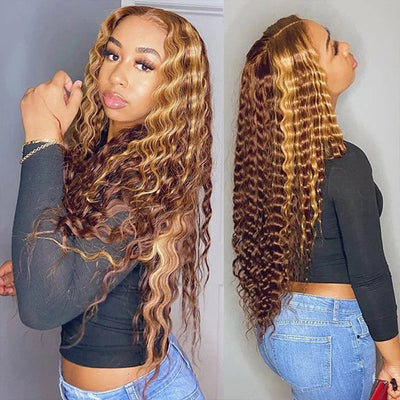 Deep Wave Human Hair Wig Highlight 30 Inch P4/27 5x5 Lace Closure Wig Deep Wave Hair