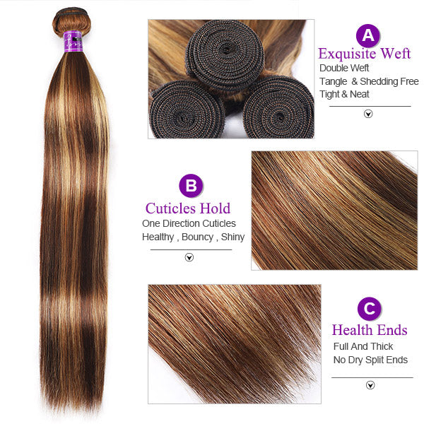 Honey Blonde Highlight Straight Hair 4 Bundles Indian Hair Extensions