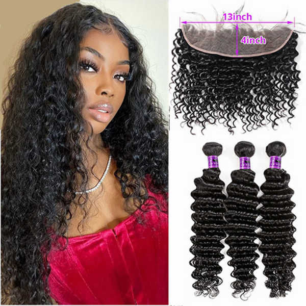 Hd Lace Frontal With Bundles Malaysian Deep Wave Hair 3 Bundles With 13x4 Lace Front Closure