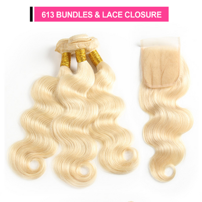 613 Blonde Body Wave Hair 3 Bundles With Closure Human Hair Weave Extensions