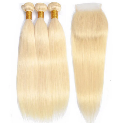 Platinum 613 Blonde Color Straight Hair Human Hair 3 Bundles With Closure Virgin Extensions