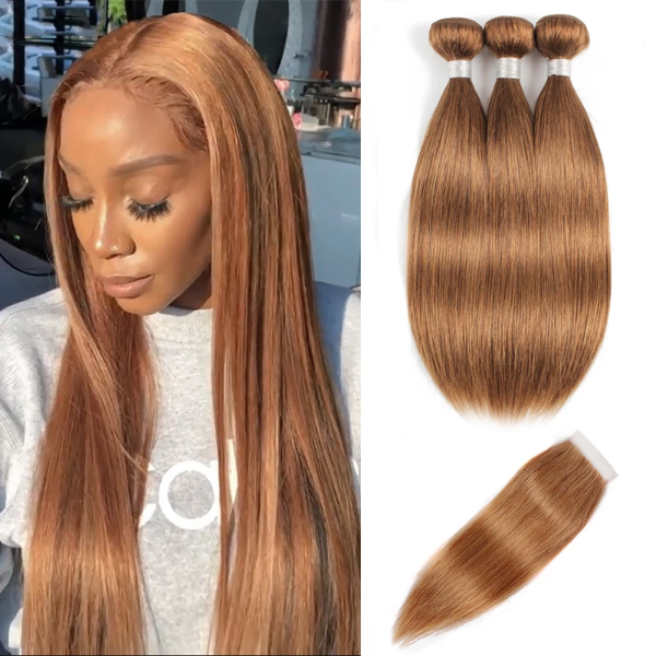 #27 Honey Blonde Color Virgin Straight Hair 3 Bundles With Closure Human Hair Extensions