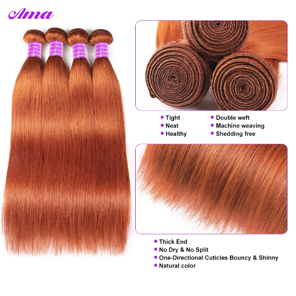 Ginger Color Straight Hair 3 Bundles With Lace Closure Brazilian Human Hair Extensions