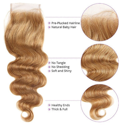 Honey Blonde Body Wave 3 Bundles With 4×4 Lace Closure #27 Color Human Hair WeavesHoney Blonde Body Wave 3 Bundles With 4×4 Lace Closure #27 Color Human Hair Weaves