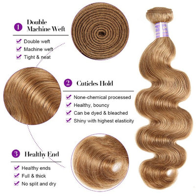 Honey Blonde Body Wave 3 Bundles With 4×4 Lace Closure #27 Color Human Hair Weaves