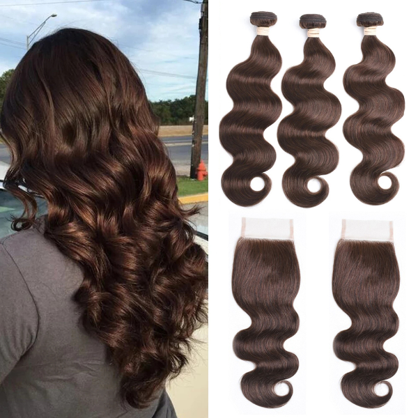 #4 Chocolate Brown Colored Body Wave 3 Bundles With Closure Peruvian Human Hair Extensions