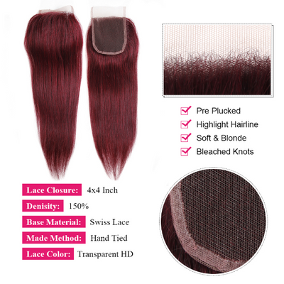 Burgundy 99J Color 3 Bundles With Lace Closure Straight Hair Human Hair Extensions