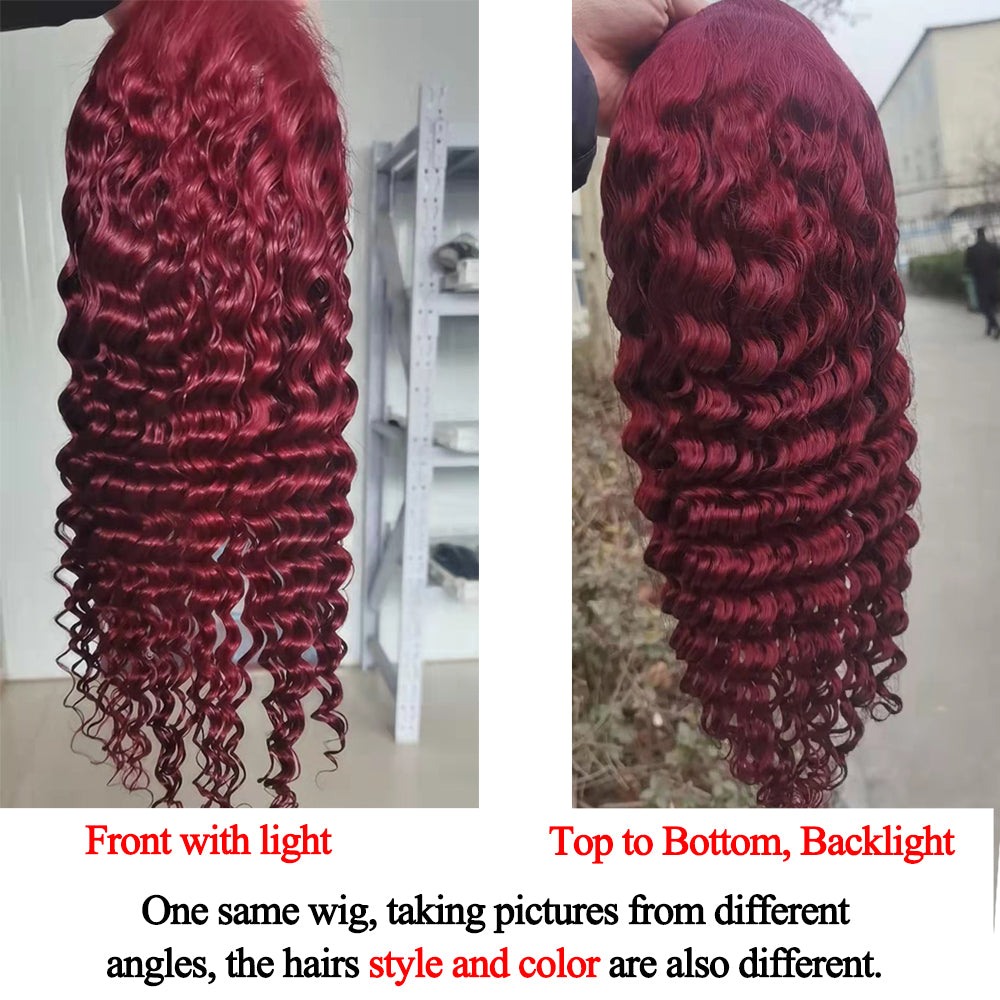 99J Burgundy Deep Wave Wig 13x4 HD Transparent Lace Frontal Wig Glueless Deep Curly Wine Red Colored Human Hair Wigs 200% Density