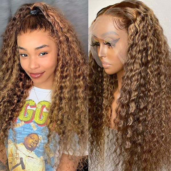 Highlight Human Hair Wig P4/27 Color HD Lace Wig Ombre Blonde 4X4 Lace Closure Wig Deep Wave Brazilian Hair Wigs