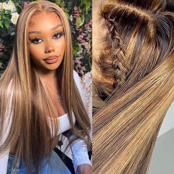 Honey Blonde Highlights Wig P4/27 Straight 4x4 Closure Wig 30 Inch HD Lace Wigs Human Hair Wig With Baby Hair