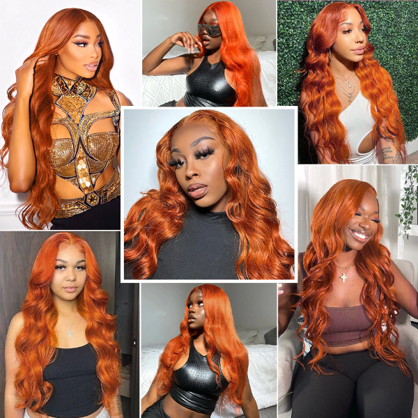Ginger Orange HD Lace Wigs 200% Density 4x4 Lace Closure Wig Body Wave Wavy Human Hair Wigs 40 Inch
