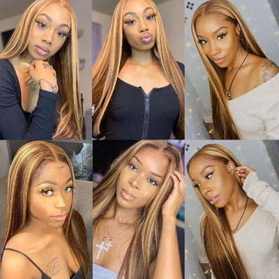 200 Density Honey Blonde Highlights Wig P4/27 Straight 4x4 Closure Wig 30 Inch  HD Lace Wigs Human Hair Wig With Baby Hair