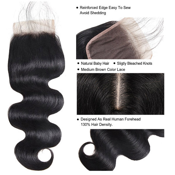 Bundles With Closure Malaysian Body Wave Hair 3 Bundles With 4x4 Transparent Lace Closure