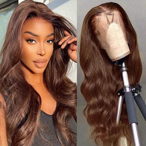 13x4 Chocolate Brown 4# Colored Body Wave Lace Front Wig 200% HD Transparent Lace Frontal Wig Colored Human Hair Wigs 30 Inch