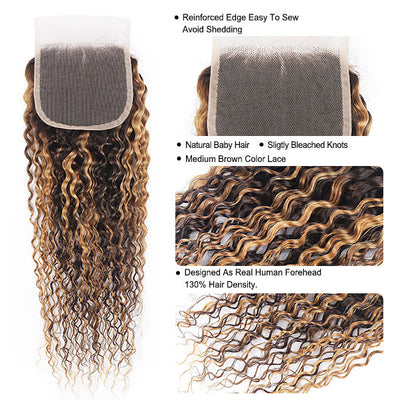 Highlight 4/27 Kinky Curly Hair Human Hair Bundles With Closure Peruvian Virgin Extensions