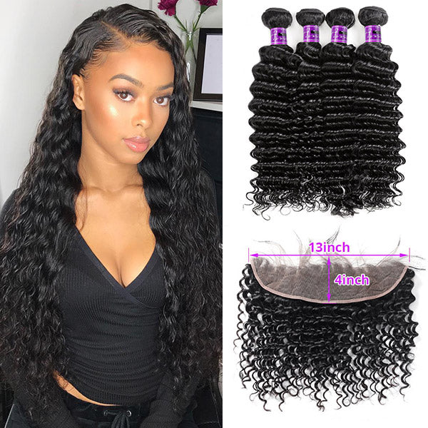 Indian Hair Weave Bundles With Frontal Deep Wave 4 Bundles With 13x4 Lace Frontal Closure Free Part Way