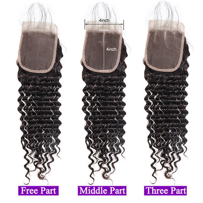 Indian Hair Bundles Deal Deep Wave Human Hair 4 Bundles With Transparent Lace Closure