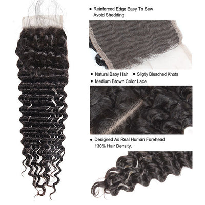 Virgin Hair Bundles Deep Wave Brazilian Hair 3 Bundles With 4x4 Lace Closure