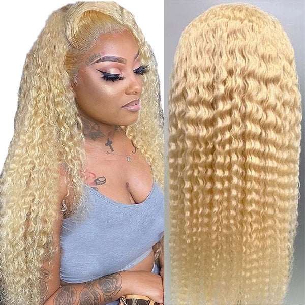 Brazilian 613 Honey Blonde Kinky Curly Wig 13x4 Lace Front Wigs Deep Curly Transparent Lace Wig Glueless Prepluck Human Hair Wigs 