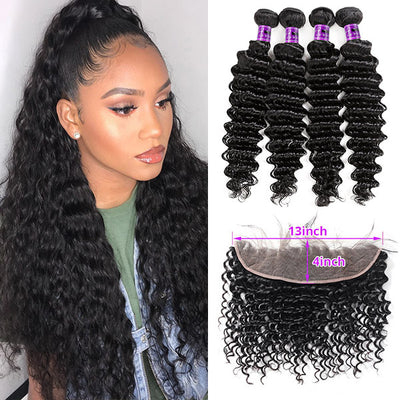 Brazilian Deep Wave Human Hair Bundles With Hd 13x4 Lace Frontal 4 Bundles With Ear To Eat Closure