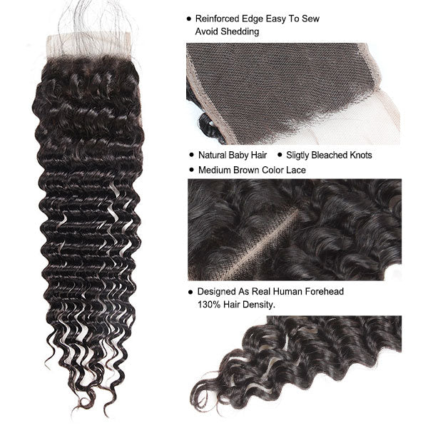 Bundles With Closure Malaysian Deep Wave Hair 4 Bundles With 4x4 Lace Closure